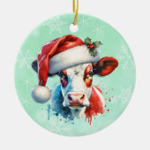 Moo-ey Christmas | Koe in Santa Hat Keramisch Ornament (Voorkant)