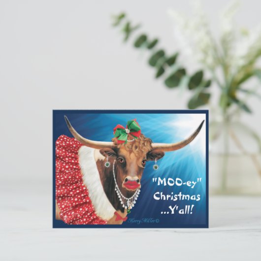 "MOO-ey" Kerstmis, Longhorn-Koe Briefkaart (Staand voorkant)
