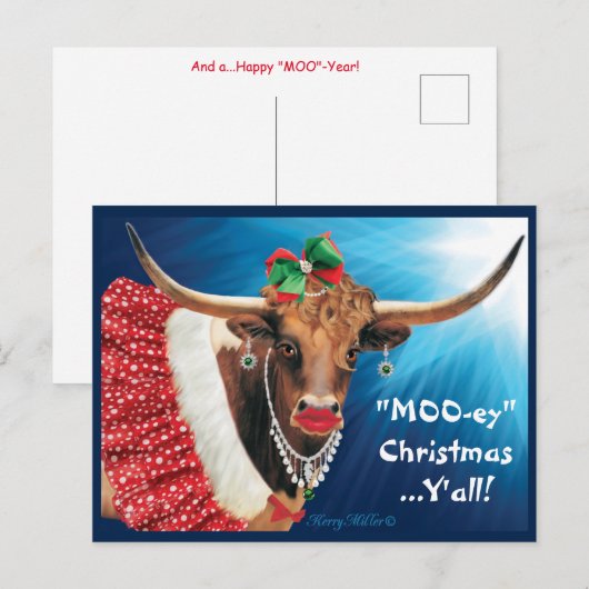 "MOO-ey" Kerstmis, Longhorn-Koe Briefkaart (Voorkant / Achterkant)