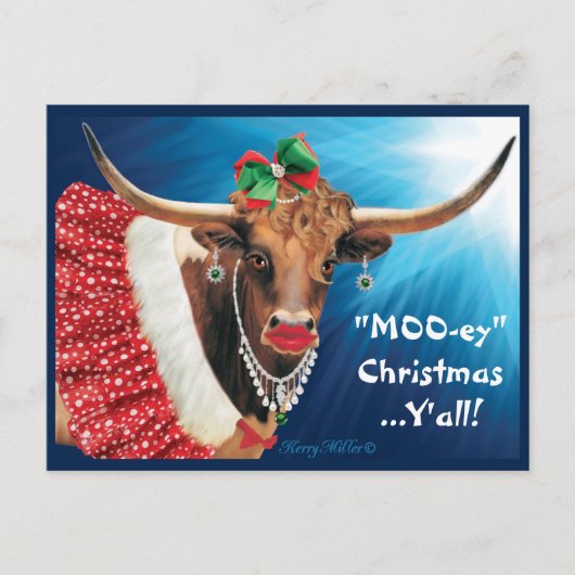 "MOO-ey" Kerstmis, Longhorn-Koe Briefkaart (Voorkant)