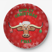 "MOO-ey Kerstmis, Longhorn Steer Papieren Bordje (Voorkant)