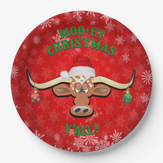"MOO-ey Kerstmis, Longhorn Steer Papieren Bordje (Voorkant)