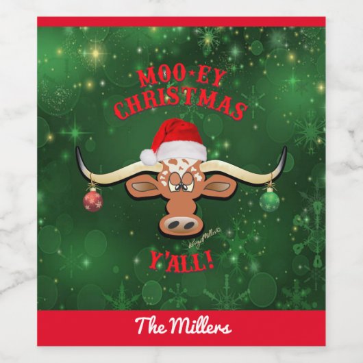 "MOO-ey" Kerstmis, Longhorn Steer Wijn Etiket (Enkel label)