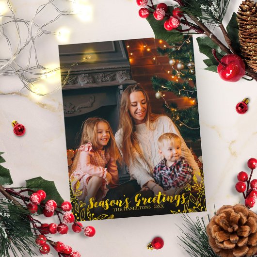 Moo Gebladerte Goud Folie Script Foto Kerstmis Briefkaart