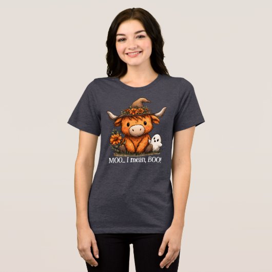 Moo I Mean Boo Highland Cow Halloween Ghost Tri-Blend Shirt (Voorkant volledig)