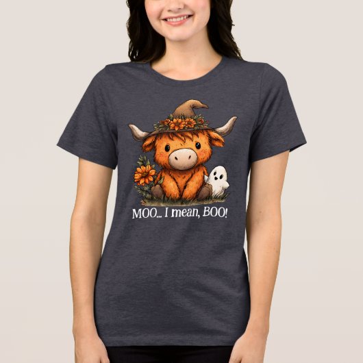 Moo I Mean Boo Highland Cow Halloween Ghost Tri-Blend Shirt (Voorkant)