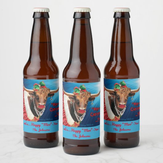 "MOO"-kerst, Longhorn-Koe Bier Etiket (Flessen)
