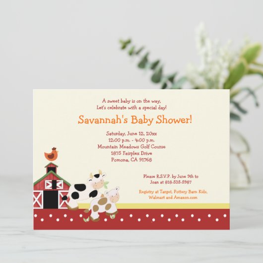 Moo Koe Boerderij Barnyard Baby Shower Invitaties  Kaart (Staand voorkant)
