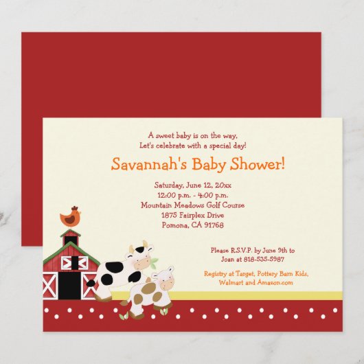 Moo Koe Boerderij Barnyard Baby Shower Invitaties  Kaart (Voorkant / Achterkant)
