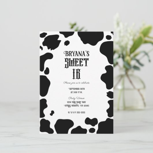 Moo Koe Spots Print Black & White Rustic Sweet 16 Kaart (Staand voorkant)
