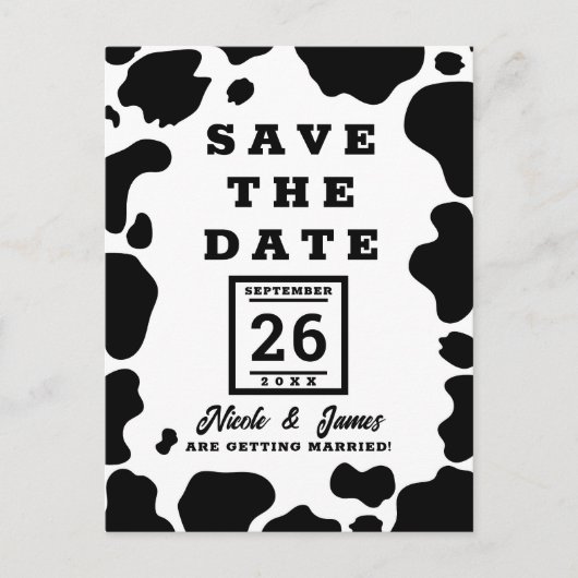 Moo Koe Spots Print Zwart & Wit Bewaar de datum Aankondigingskaart (Voorkant)
