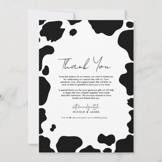 Moo Koe Spots Print Zwart Wit Dank u Kaart (Voorkant)