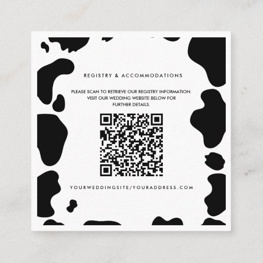 Moo Koe Spots Print Zwart & Wit Trouwdetails Vierkante Visitekaartje (Achterkant)