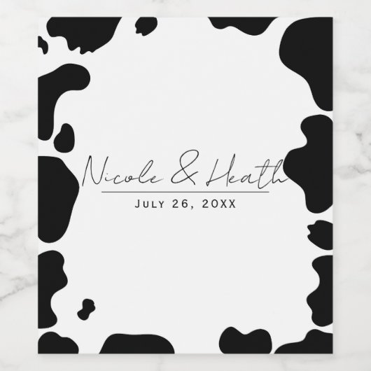 Moo Koe Spots Print Zwart & Wit Trouwen Wijn Etiket (Enkel label)