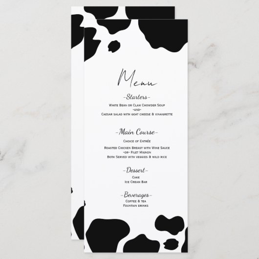 Moo Koe Spots Print Zwart Wit Trouwmenu Menu (Voorkant / Achterkant)