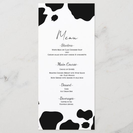 Moo Koe Spots Print Zwart Wit Trouwmenu Menu (Voorkant)