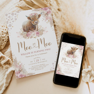 Moo Moo Boho Pampas Roos Highland Koe 2e verjaarda Kaart