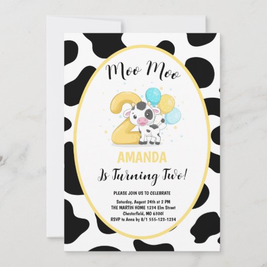 Moo Moo Ik Ben Twee Koe 2de Verjaardagsfeestje Kaart (Voorkant)