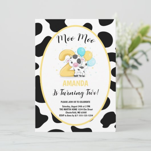 Moo Moo Ik Ben Twee Koe 2de Verjaardagsfeestje Kaart (Staand voorkant)