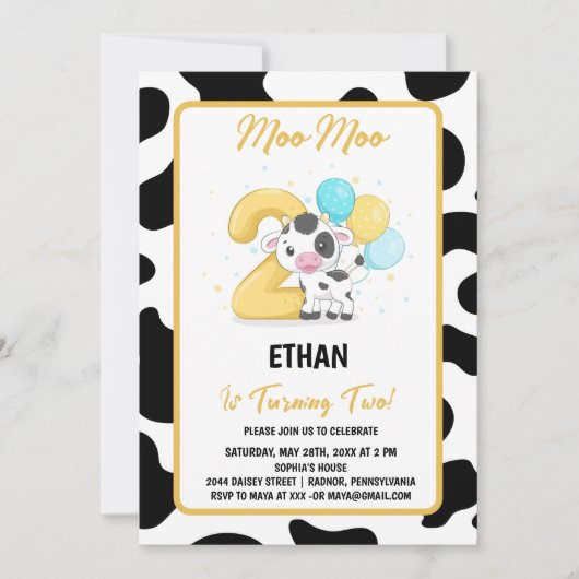 Moo Moo Ik ben twee Koe 2e verjaardag Kaart (Voorkant)