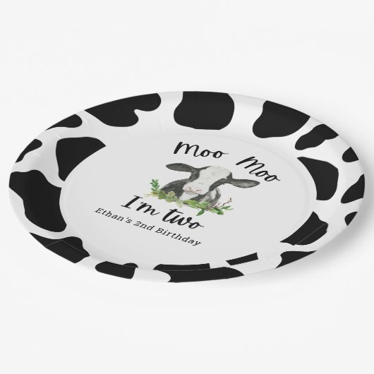 Moo Moo Ik ben twee Koe 2e verjaardag Papieren Bordje (Gekanteld)