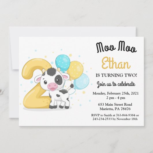 Moo Moo Ik ben twee Koe 2e verjaardag Uitnodiging (Voorkant)