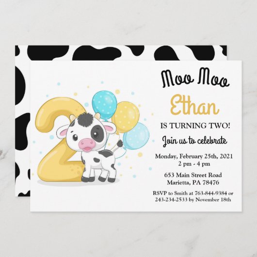 Moo Moo Ik ben twee Koe 2e verjaardag Uitnodiging (Voorkant / Achterkant)
