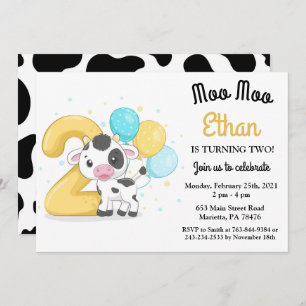 Moo Moo Ik ben twee Koe 2e verjaardag Uitnodiging