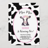 Moo Moo Ik ben Twee Koe Meisje 2e Verjaardagsfeest Kaart (Voorkant / Achterkant)