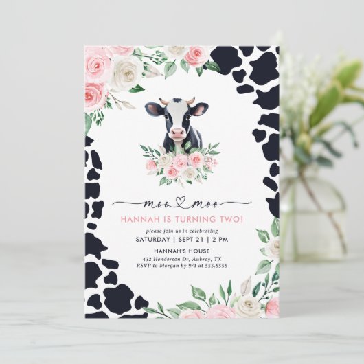 Moo Moo Ik ben Twee Roze Bloemen Koe Meisje 2e Ver Kaart (Staand voorkant)