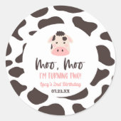 Moo Moo Ik draai twee Koe 2e verjaardagsfeestje Ronde Sticker (Voorkant)