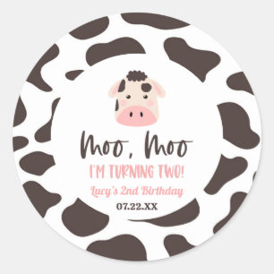 Moo Moo Ik draai twee Koe 2e verjaardagsfeestje Ronde Sticker