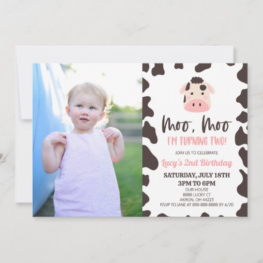 Moo Moo Ik word twee! Koe 2e verjaardagsfeestje Kaart (Voorkant)