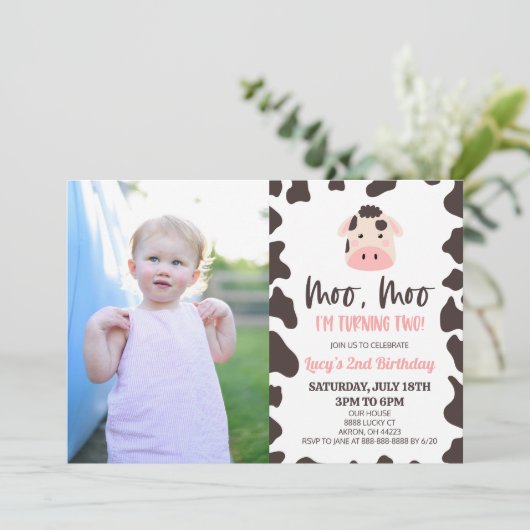 Moo Moo Ik word twee! Koe 2e verjaardagsfeestje Kaart (Staand voorkant)