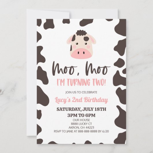 Moo Moo Ik word twee! Koe 2e verjaardagsfeestje Kaart (Voorkant)