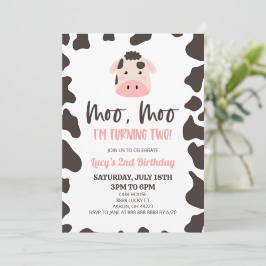 Moo Moo Ik word twee! Koe 2e verjaardagsfeestje Kaart (Staand voorkant)