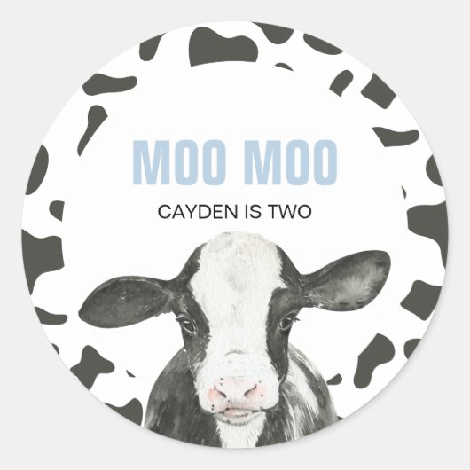MOO MOO I'm TWO Cow Print 2nd birthday Ronde Sticker (Voorkant)