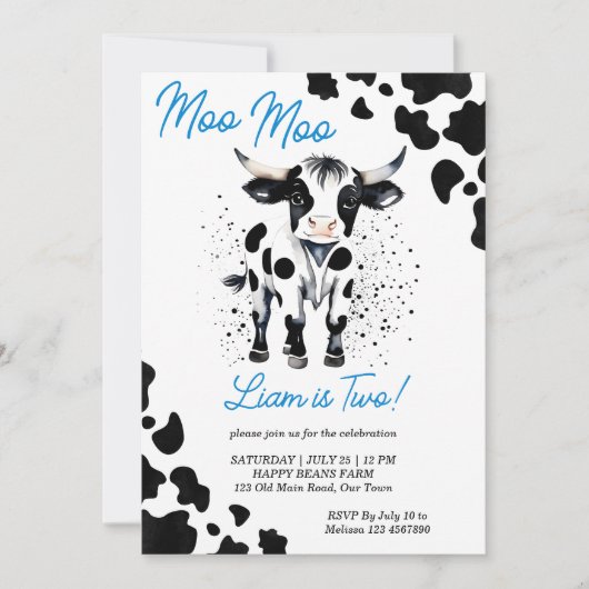 Moo moo koe zwarte en blauwe koe verjaardag kaart (Voorkant)