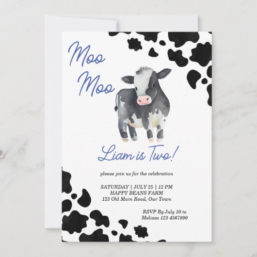 Moo moo koe zwarte en blauwe koe verjaardag kaart (Voorkant)