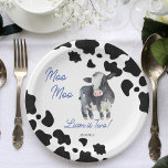 Moo moo koe zwarte en blauwe koe verjaardag papieren bordje<br><div class="desc">Moo moo black pattern cute verjaardagsfeestje servies gepersonaliseerd papier borden,  speelse grillige afbeelding uitnodiging voor een boerderij thema koe party,  blauw schrijven voor een jongensverjaardag.</div>