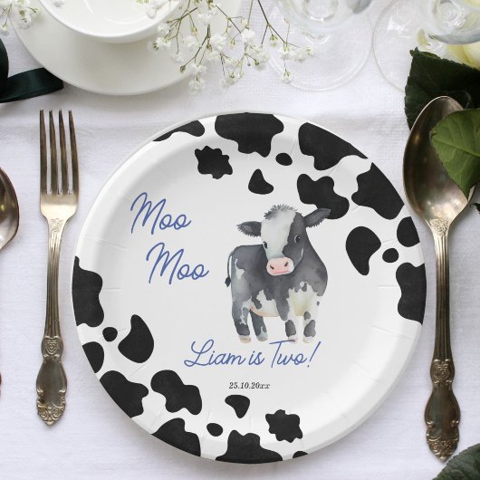 Moo moo koe zwarte en blauwe koe verjaardag papieren bordje