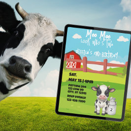 Moo, Moo, look who's TWO, cute cow 2nd birthday Kaart