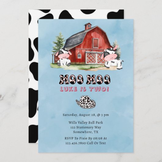 Moo Moo Naam is Twee Jongen Verjaardagsfeest Kaart (Voorkant / Achterkant)
