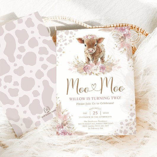 Moo Moo Roze Boho Koe Pampas Grass 2e Verjaardag Kaart