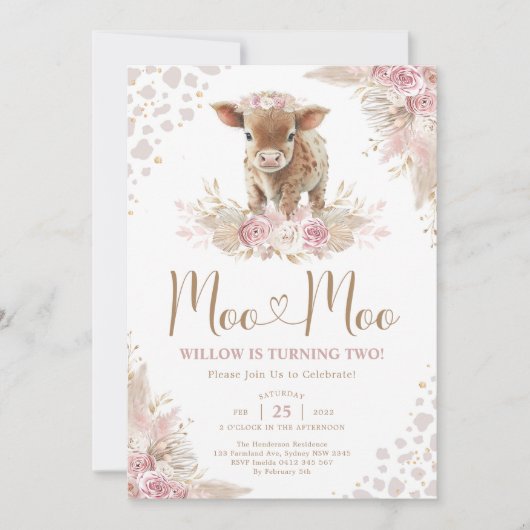 Moo Moo Roze Boho Koe Pampas Grass 2e Verjaardag Kaart (Voorkant)