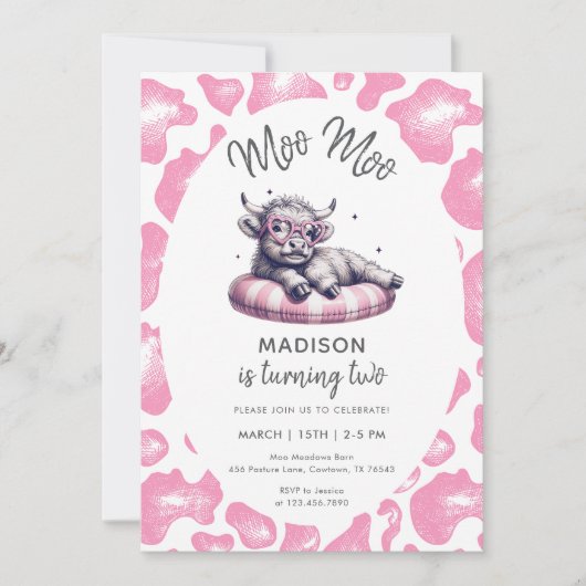 Moo Moo Roze Schattigee Koe Meisje 2e verjaardag Kaart (Voorkant)