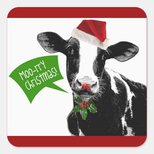 Moo rry Kerstmis! Funny Holiday Koe in Santa Hat Vierkante Sticker (Voorkant)
