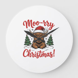 Moo-rry Kerstmis Hoogland Koe Vintage Shirt Ontwer Grote Klok