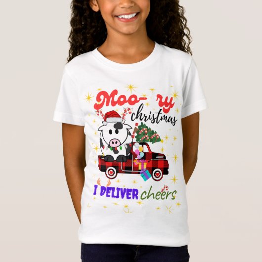 Moo-ry Christmas Cow in Plaid Truck Holiday design T-shirt (Voorkant)