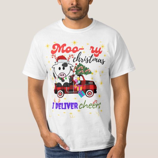 Moo-ry Christmas Cow in Plaid Truck Holiday design T-shirt (Voorkant)